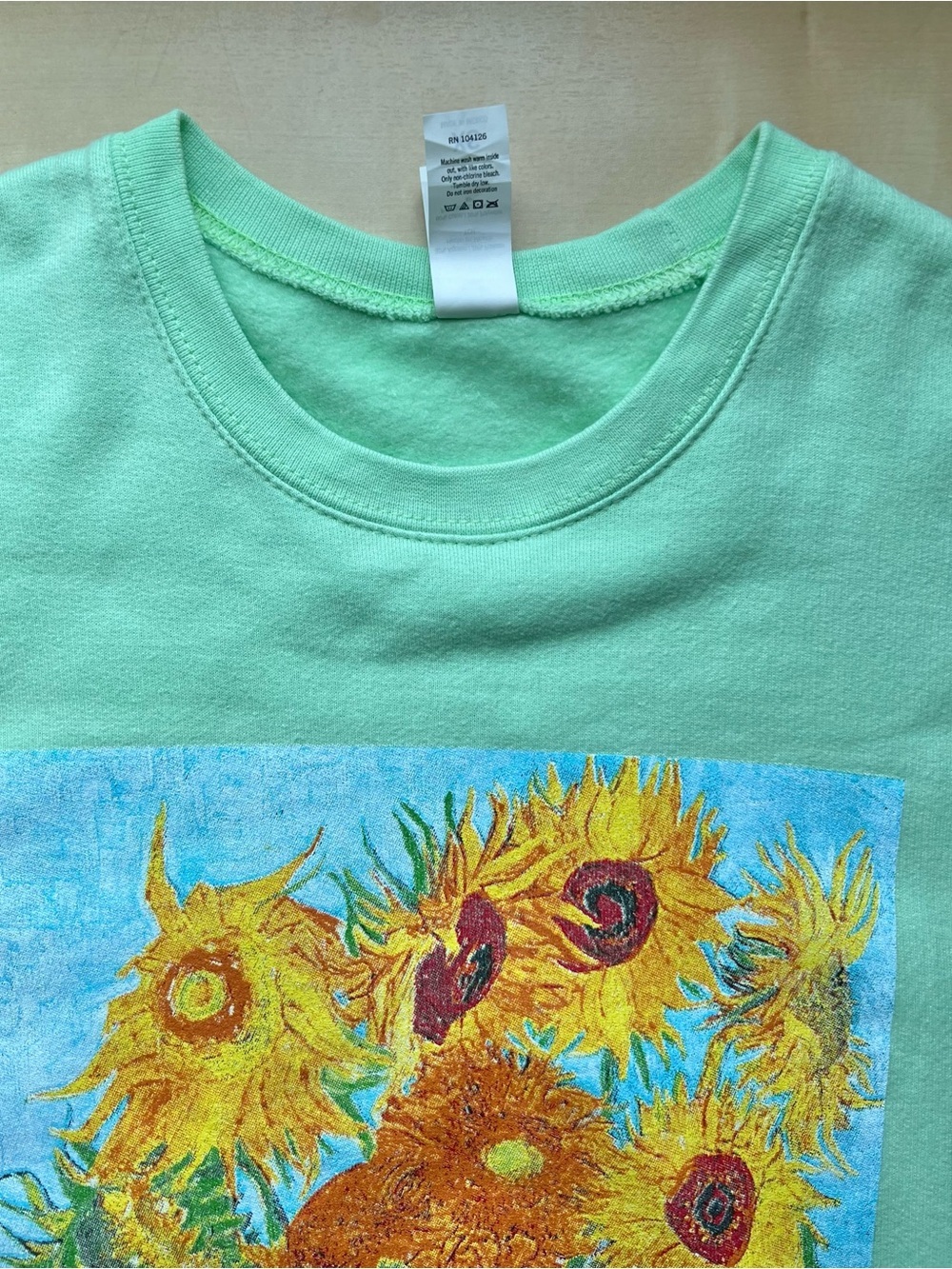 Artsy Mint Green Crewneck Sweatshirt with Van Gogh Sunflowers Print - Picture 5 of 8